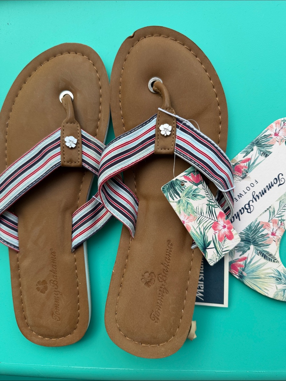 Tommy Bahama Tan Faux-Leather Sandals with Red, White & Blue Striped Straps
